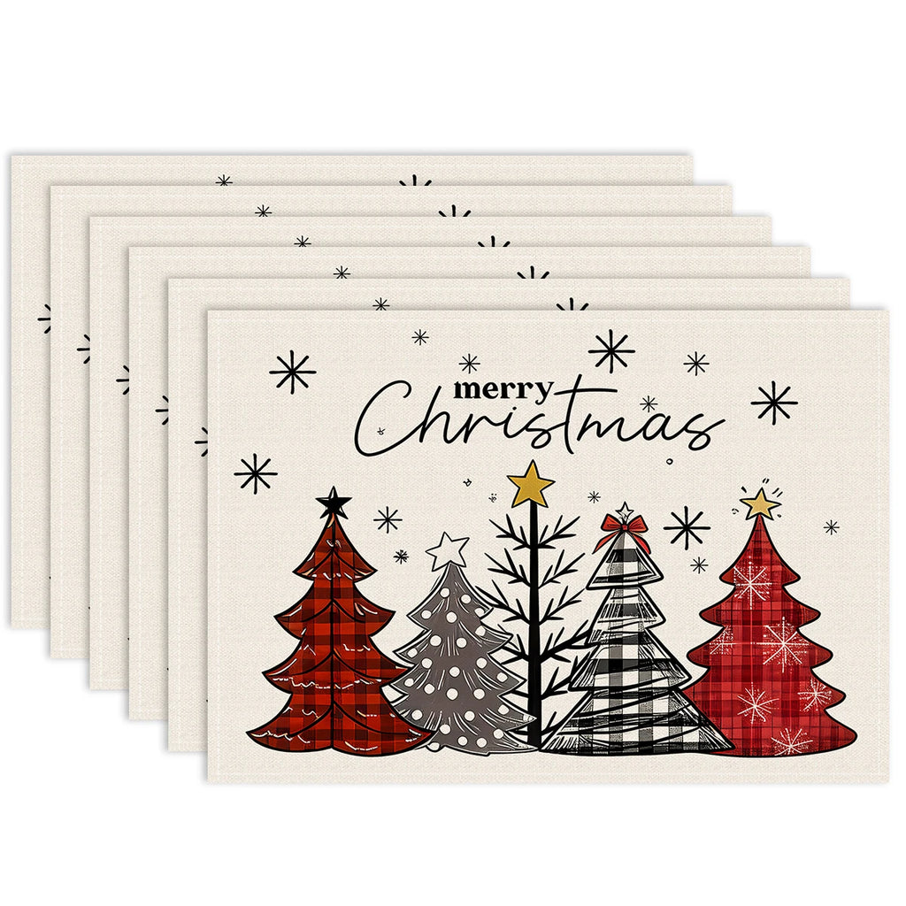 1/4/6pcs Christmas placemat, retro Christmas tree snowflake pattern dining table anti slip insulation mat, Christmas decoration