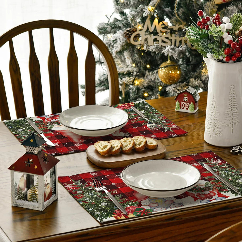 1/4/6pcs Christmas placemat, retro Christmas tree Santa Claus pattern dining table anti slip insulation mat,