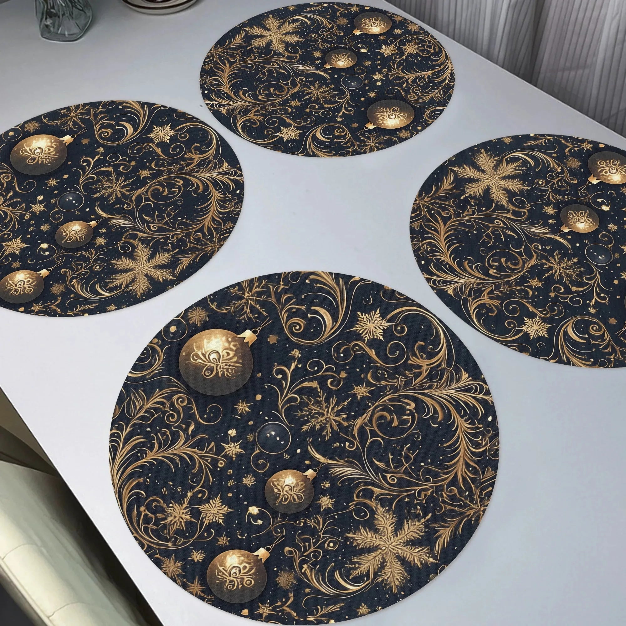 VIKAMA 4-Piece Dark Blue Gold-Patterned Christmas Oval Placemats Home Holiday Gathering Party Table Decor and Accessories