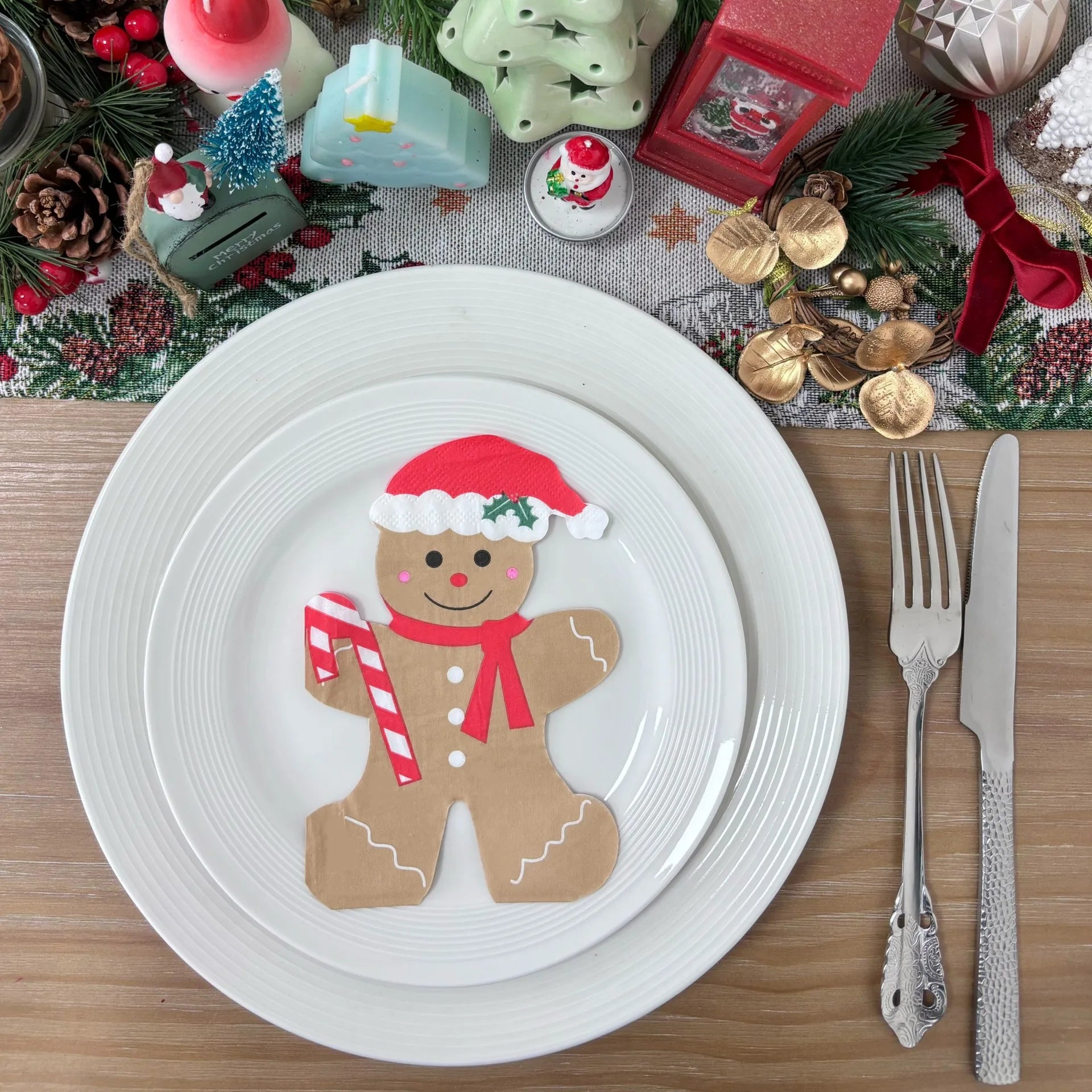20pcs Gingerbread for Shaped Paper Napkins - Brown Disposable Tissue Napkins with Festive Christmas & New Year Decorations
