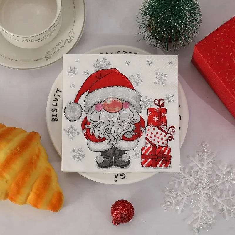 20pcs 25cm 3Layer New Cartoon White Bearded Christmas Hat, Santa Claus Napkins, Party Table, Wood Pulp Paper DIY Decoupage Paper