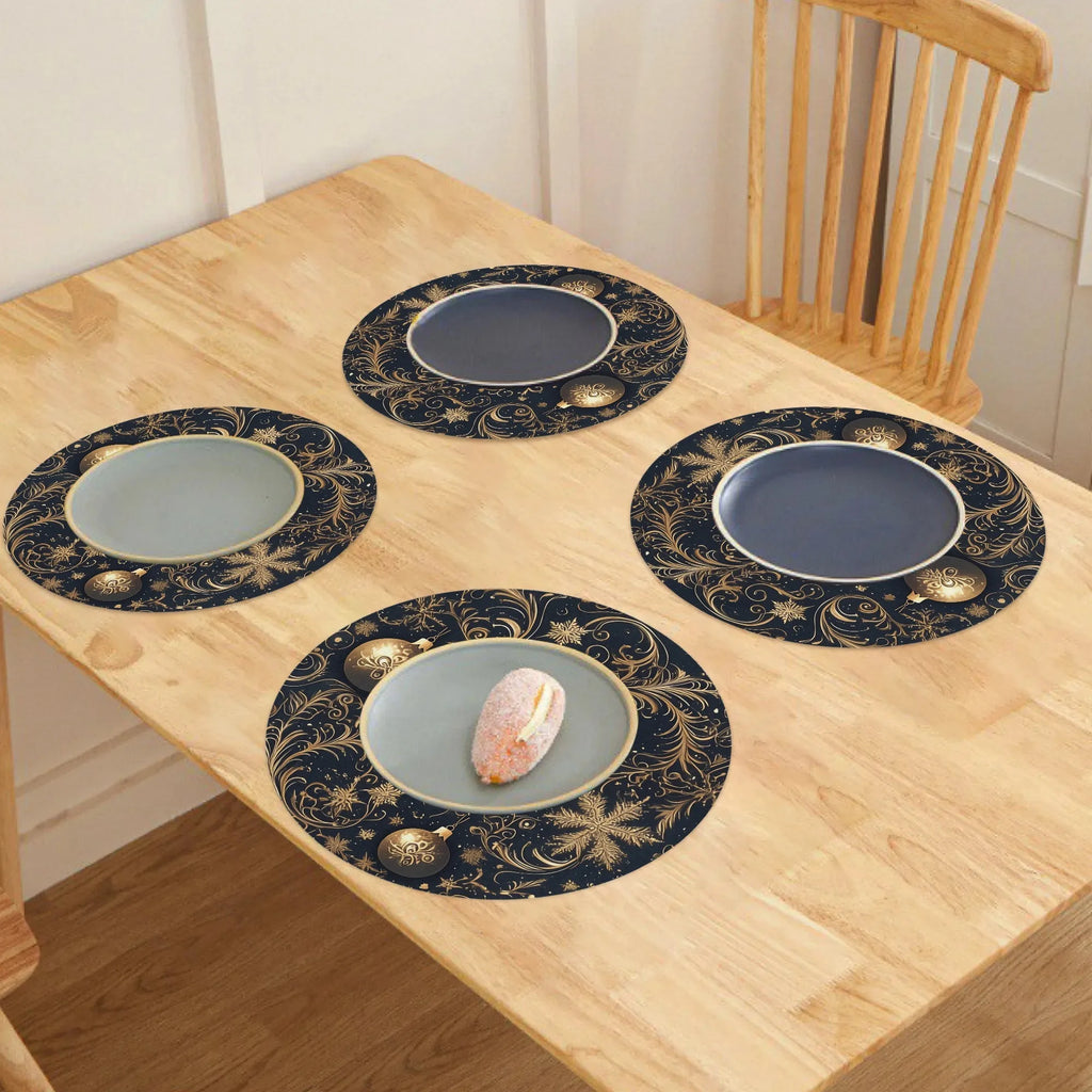 VIKAMA 4-Piece Dark Blue Gold-Patterned Christmas Oval Placemats Home Holiday Gathering Party Table Decor and Accessories