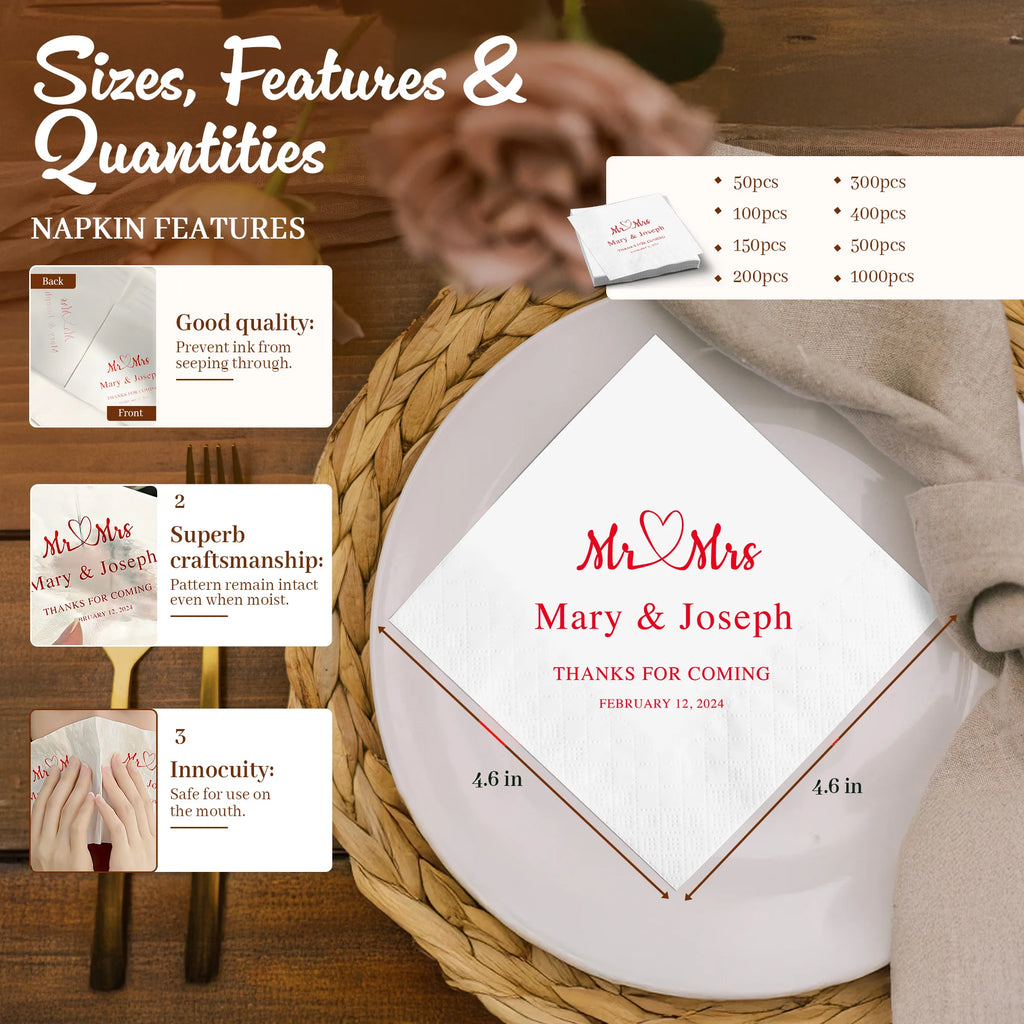 Personalized Paper Napkins for Wedding Custom Napkins of Your Text 50-500pcs Disposable Napkins for Cocktail Party Hen Party