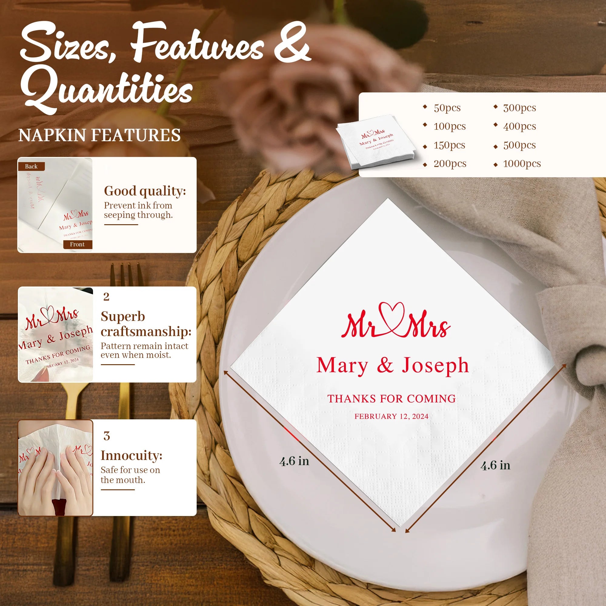 Personalized Paper Napkins for Wedding Custom Napkins of Your Text 50-500pcs Disposable Napkins for Cocktail Party Hen Party