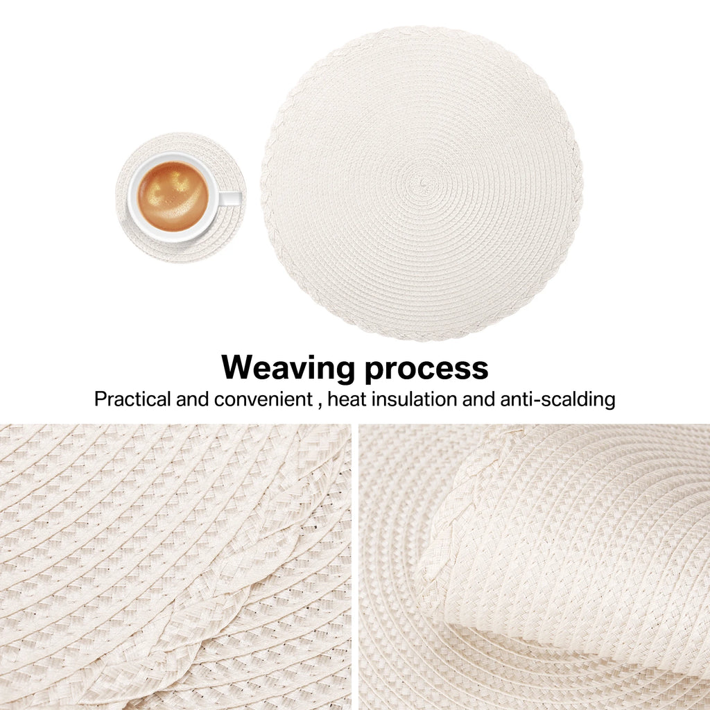 Set of 12 Round Braided Table Mat Washable Placemats Non Slip Heat Resistant for Kitchen Dining Tables Pad With Cup Coasters