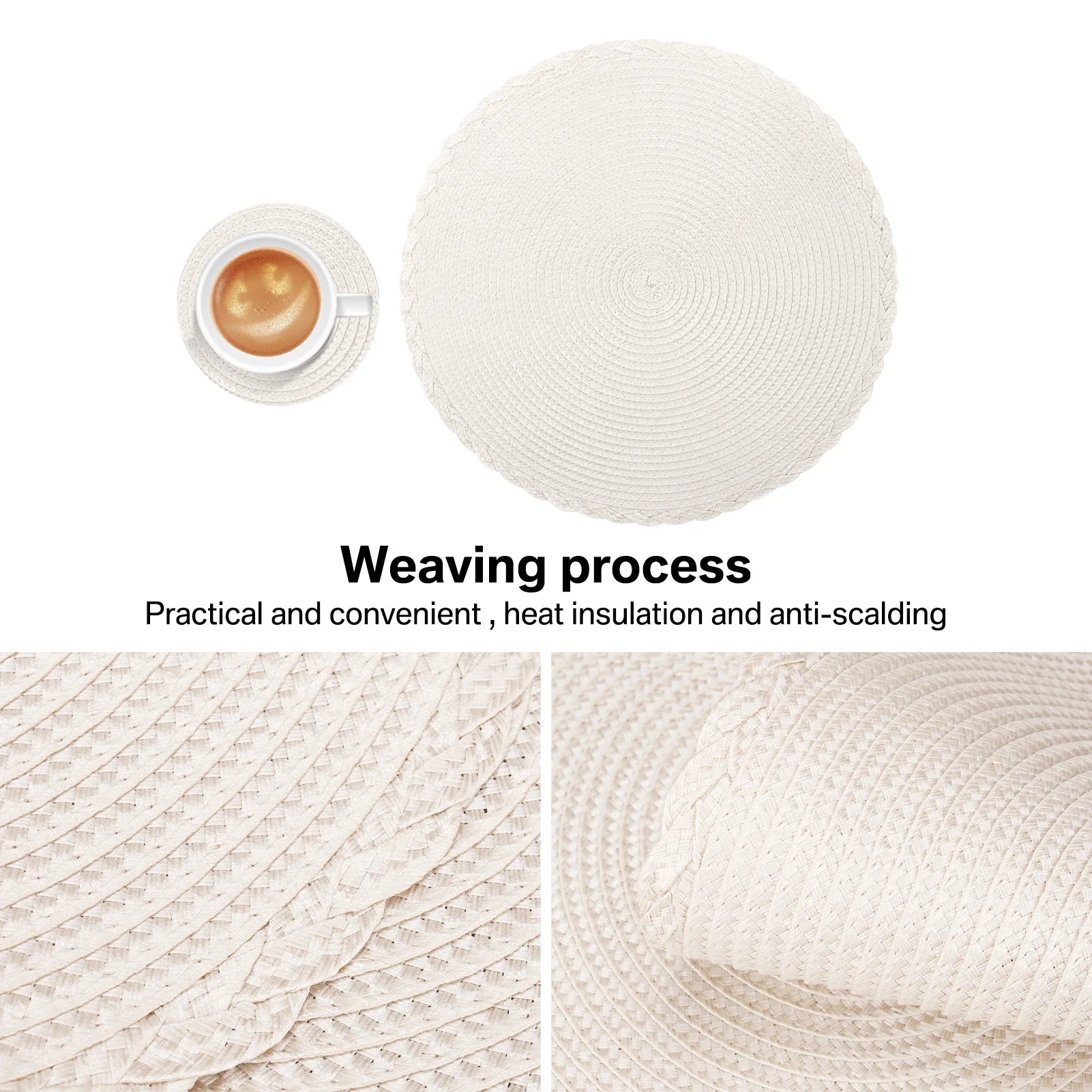 Set of 12 Round Braided Table Mat Washable Placemats Non Slip Heat Resistant for Kitchen Dining Tables Pad With Cup Coasters
