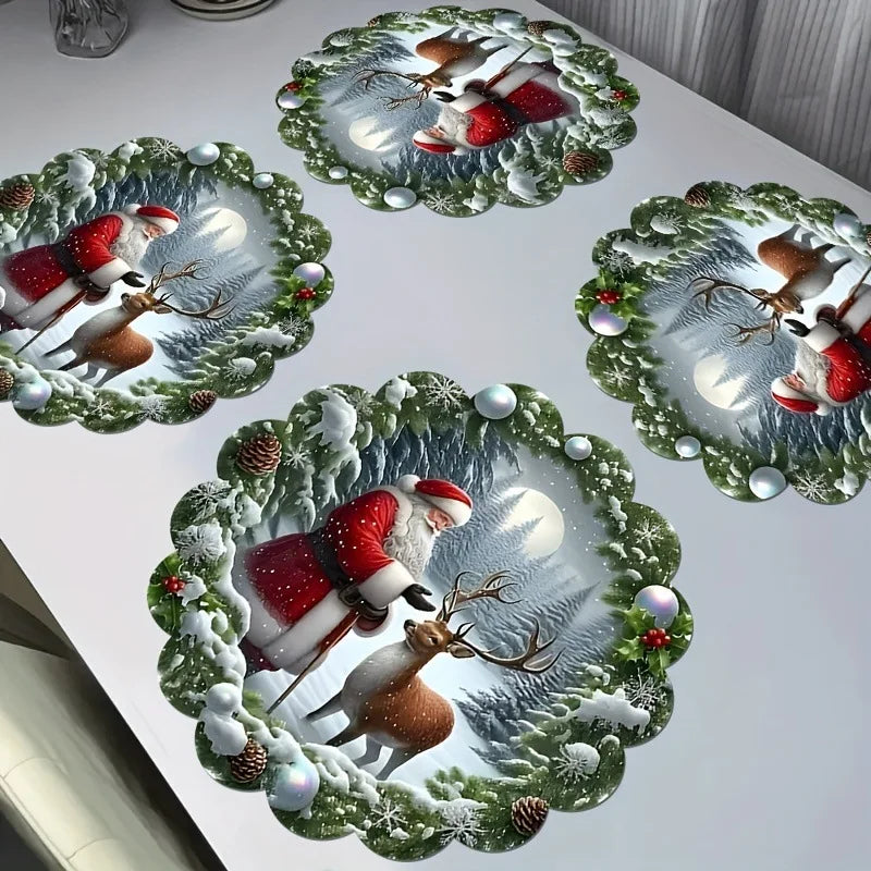 4pcs Christmas Santa Claus & Reindeer Placemats Set - 2D Flat Print,  Hand Wash Only, Festive Holiday Design with Snowflakes