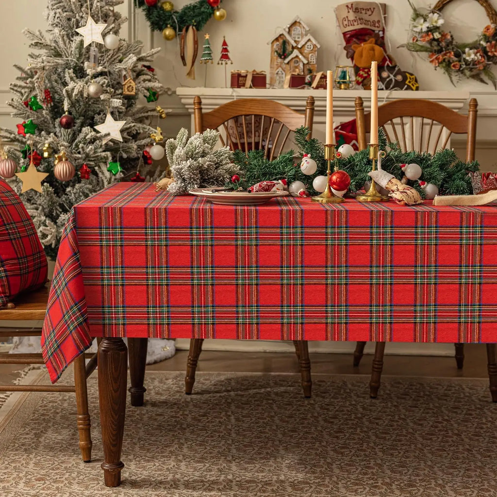 Christmas Checkered Tablecloth Rectangular - Red Buffalo Plaid Linen Cotton, Xmas Farmhouse Decor