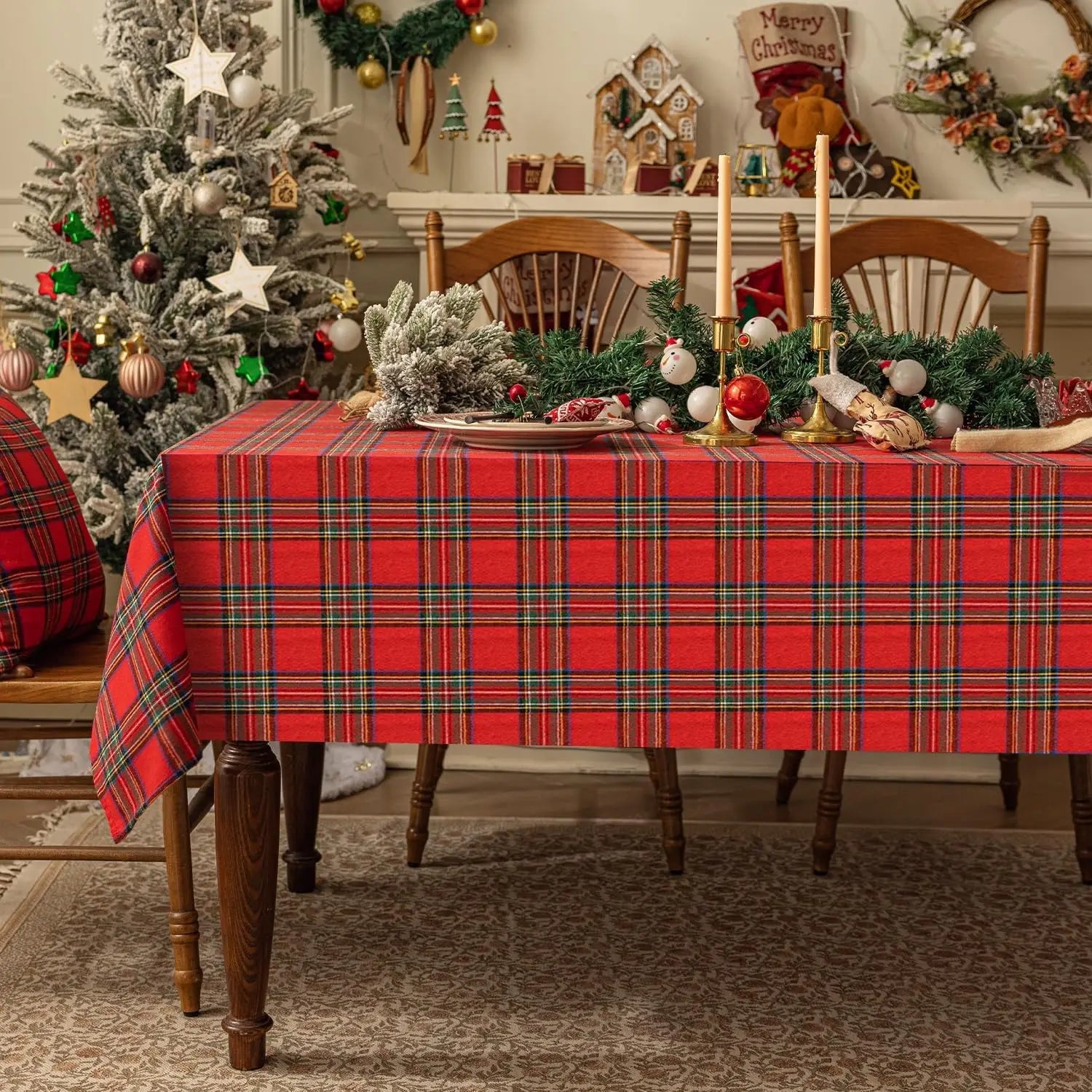 Christmas Checkered Tablecloth Rectangular - Red Buffalo Plaid Linen Cotton, Xmas Farmhouse Decor