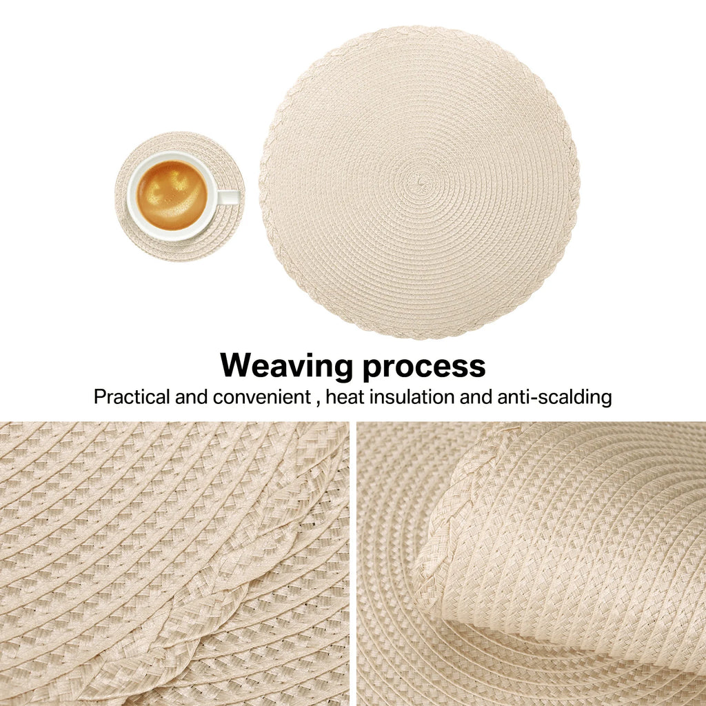 Set of 12 Round Braided Table Mat Washable Placemats Non Slip Heat Resistant for Kitchen Dining Tables Pad With Cup Coasters