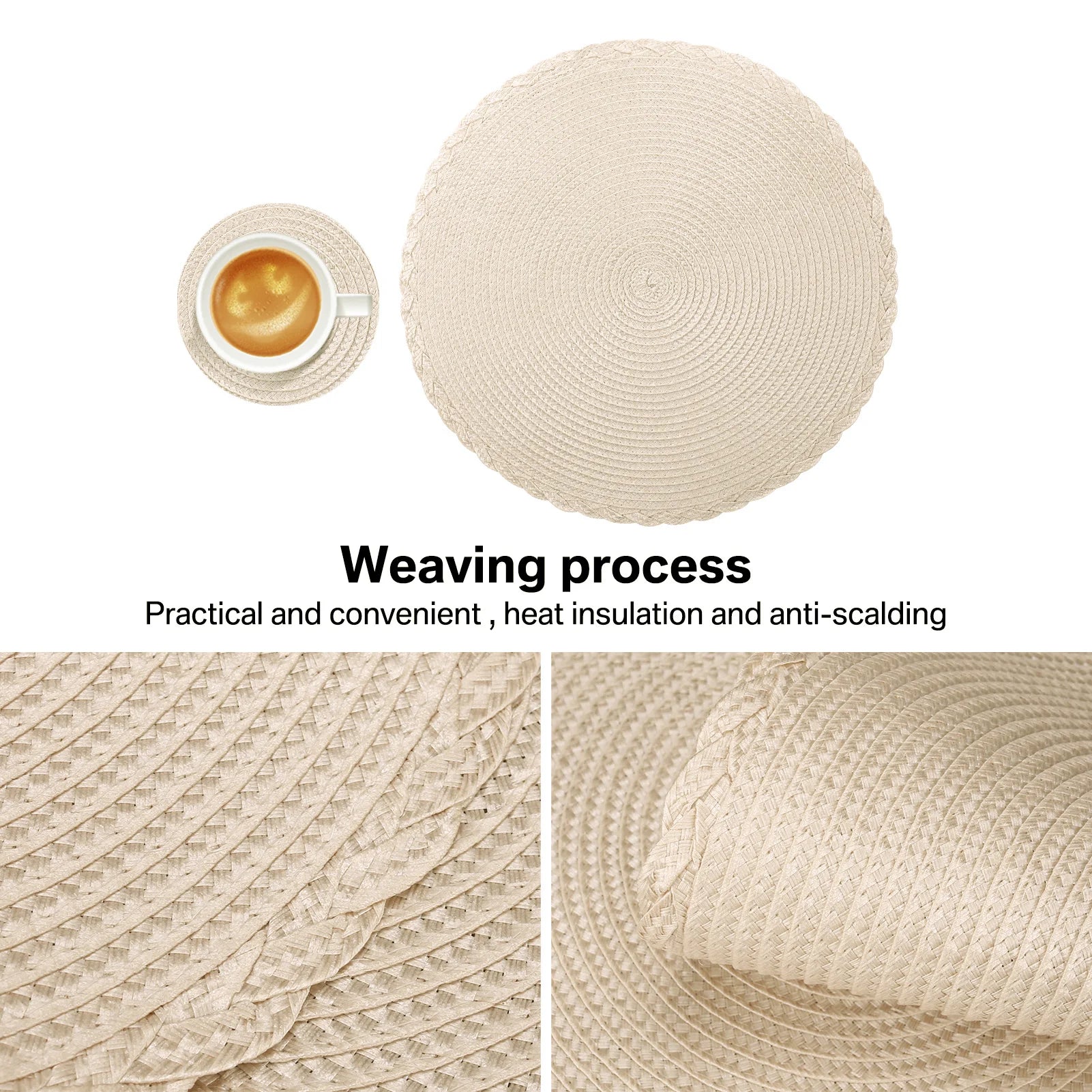 Set of 12 Round Braided Table Mat Washable Placemats Non Slip Heat Resistant for Kitchen Dining Tables Pad With Cup Coasters