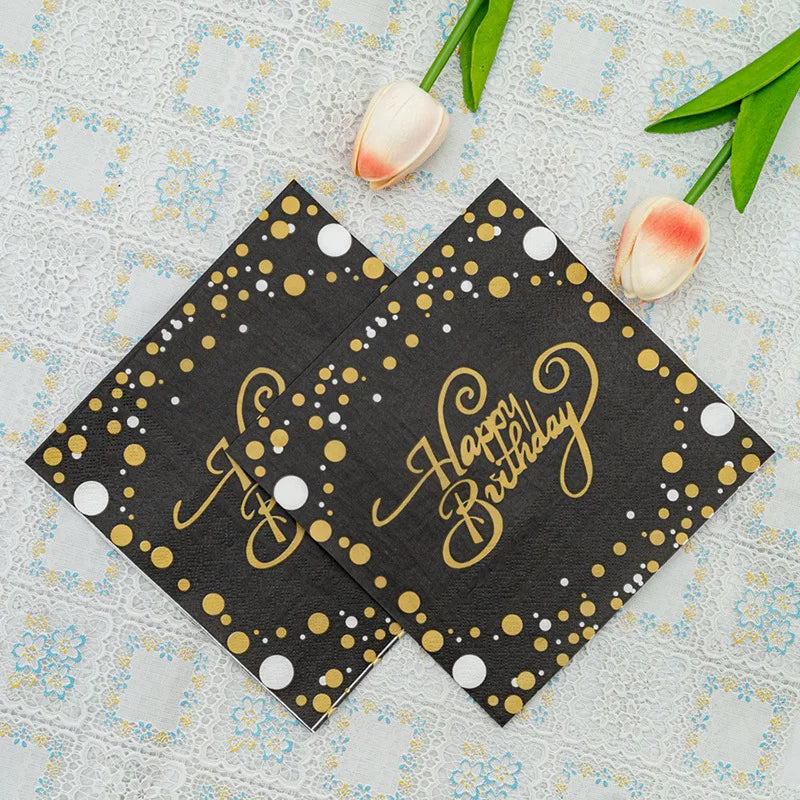 Birthday Party Colorful Printing Napkins Square Paper Napkins Gold Lettering on Black Background Paper Placemats 20/40pcs
