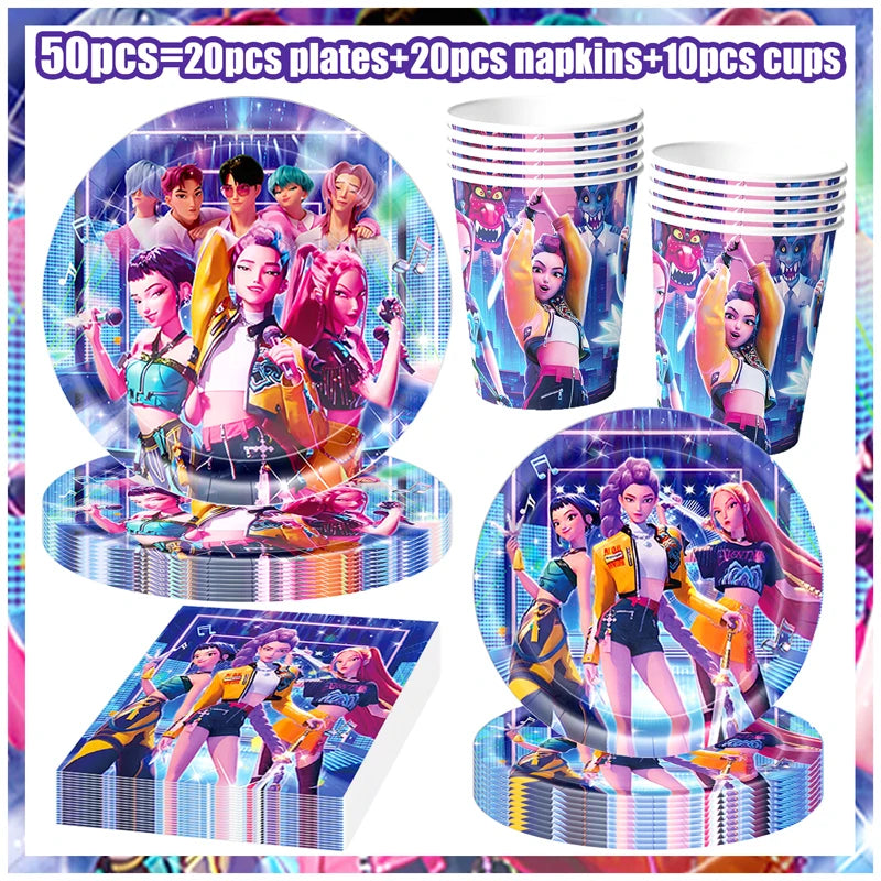 Kpop Demon Hunters Birthday Decorations Saja Boys Purple Napkins Plates Tableware Kpop Demon Hunter Birthday Party Favors Supply