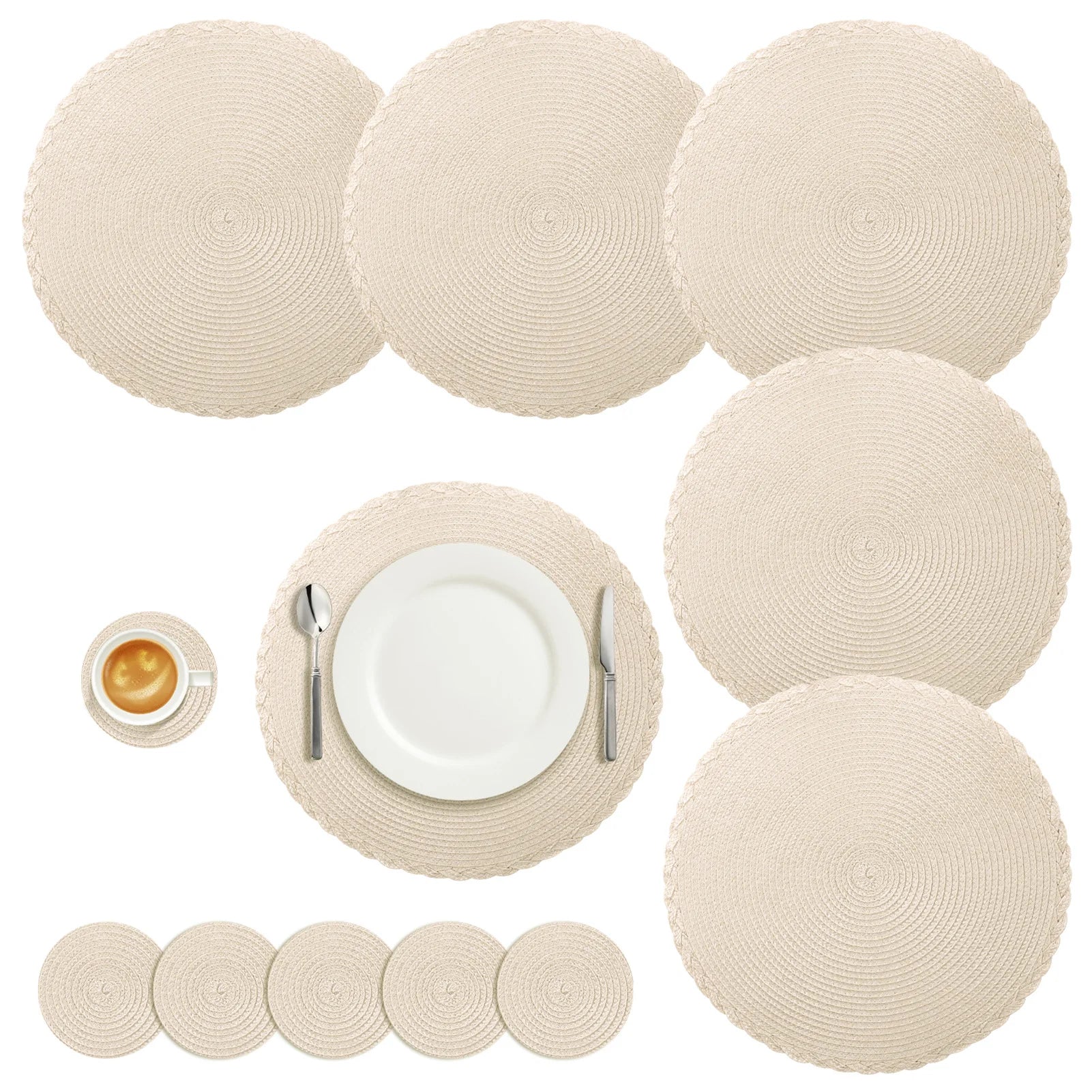 Set of 12 Round Braided Table Mat Washable Placemats Non Slip Heat Resistant for Kitchen Dining Tables Pad With Cup Coasters