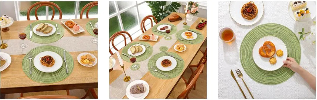 Set of 12 Round Braided Table Mat Washable Placemats Non Slip Heat Resistant for Kitchen Dining Tables Pad With Cup Coasters