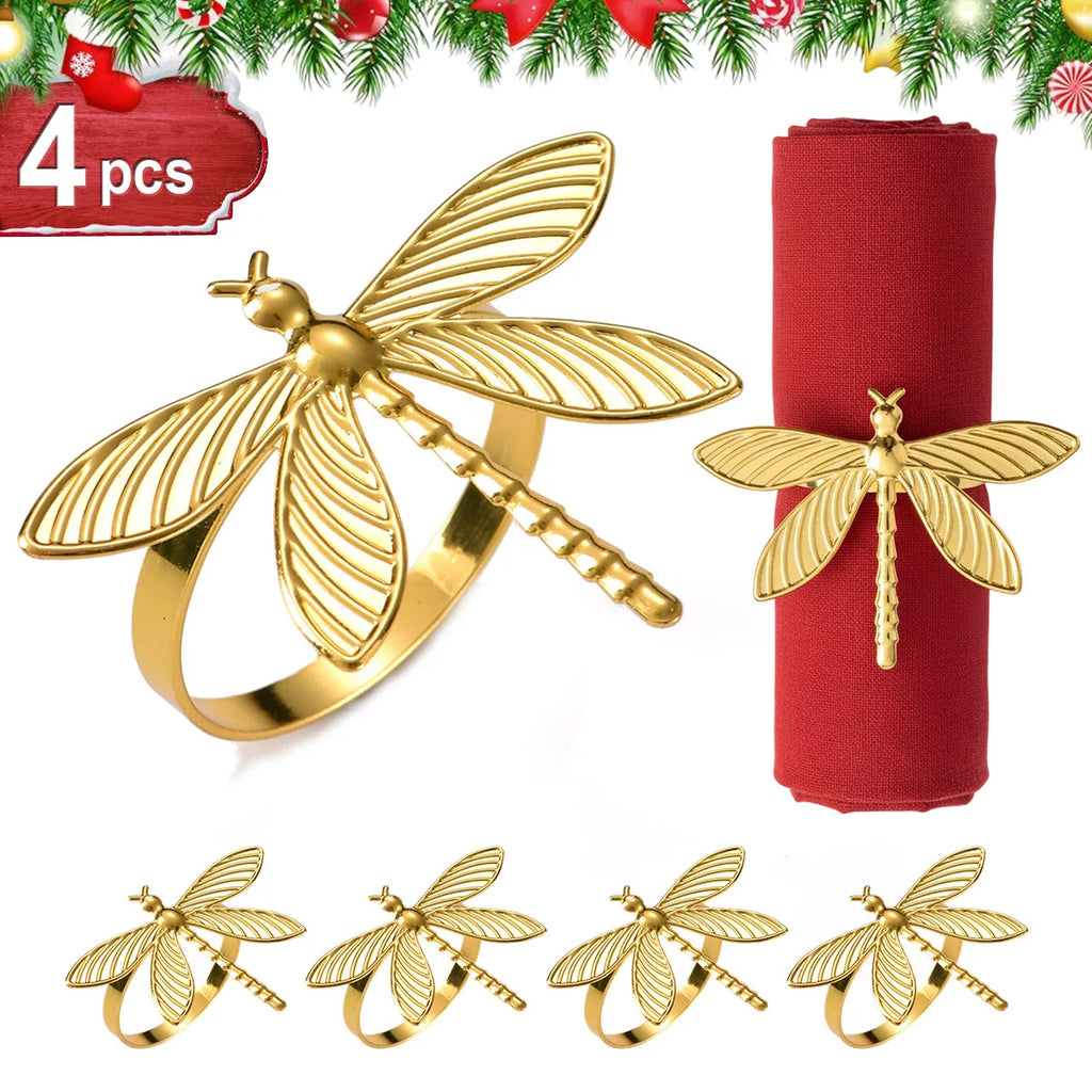 6pcs Napkin Rings Set for Christmas, Gold Silvery Dragonfly Metal Home Table Decorations, for Christmas Wedding Holiday Banquet