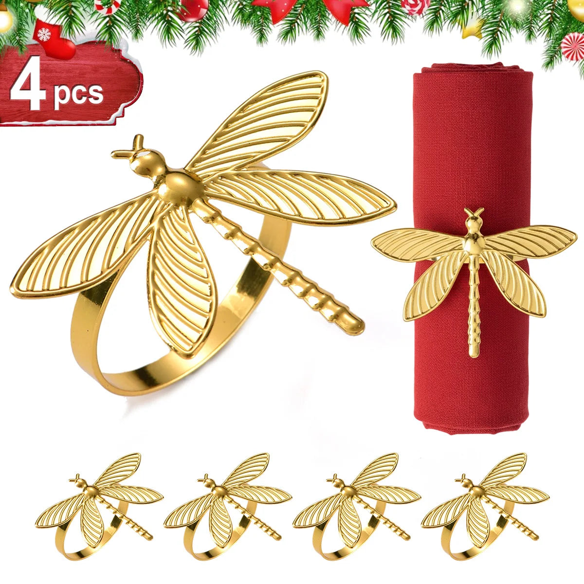 6pcs Napkin Rings Set for Christmas, Gold Silvery Dragonfly Metal Home Table Decorations, for Christmas Wedding Holiday Banquet