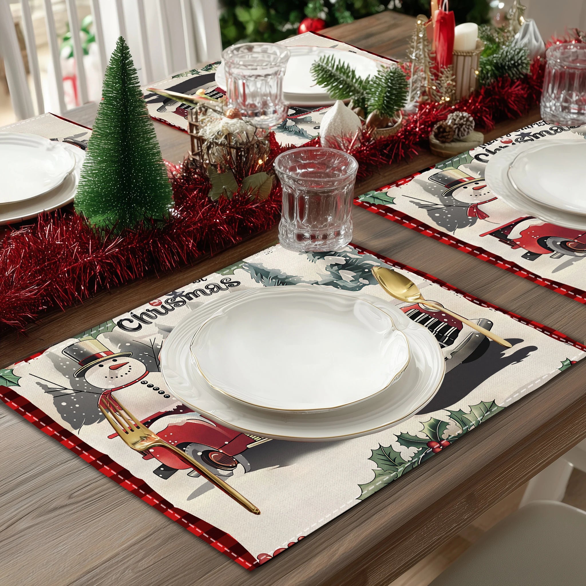1/4/6pcs Christmas placemat, retro Christmas tree Santa Claus pattern dining table anti slip insulation mat,