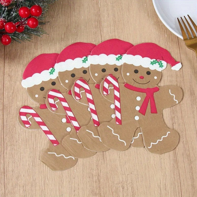 20pcs Gingerbread for Shaped Paper Napkins - Brown Disposable Tissue Napkins with Festive Christmas & New Year Decorations