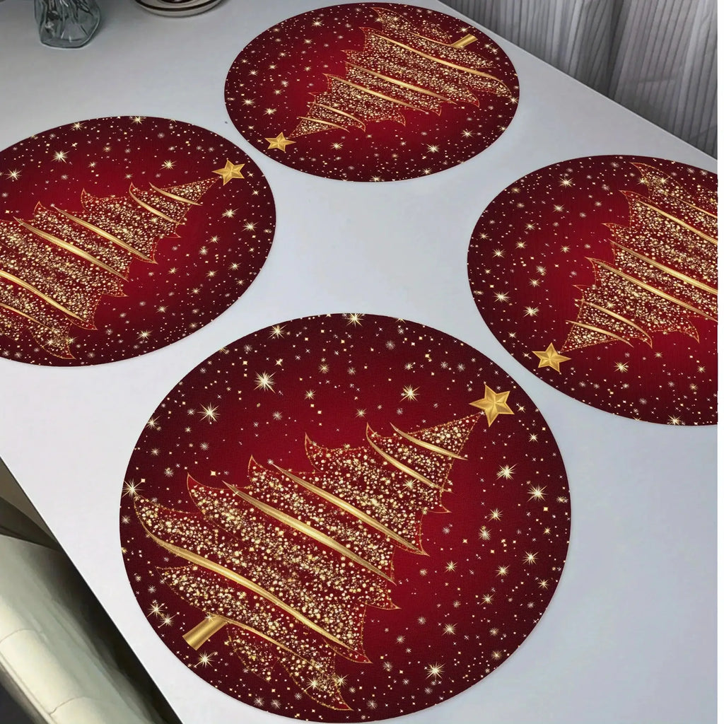 4pcs Golden Christmas Tree Red Round Placemats Set, Xmas Star Table Mats Place mats 38.1cm for Party Kitchen Dining Decoration
