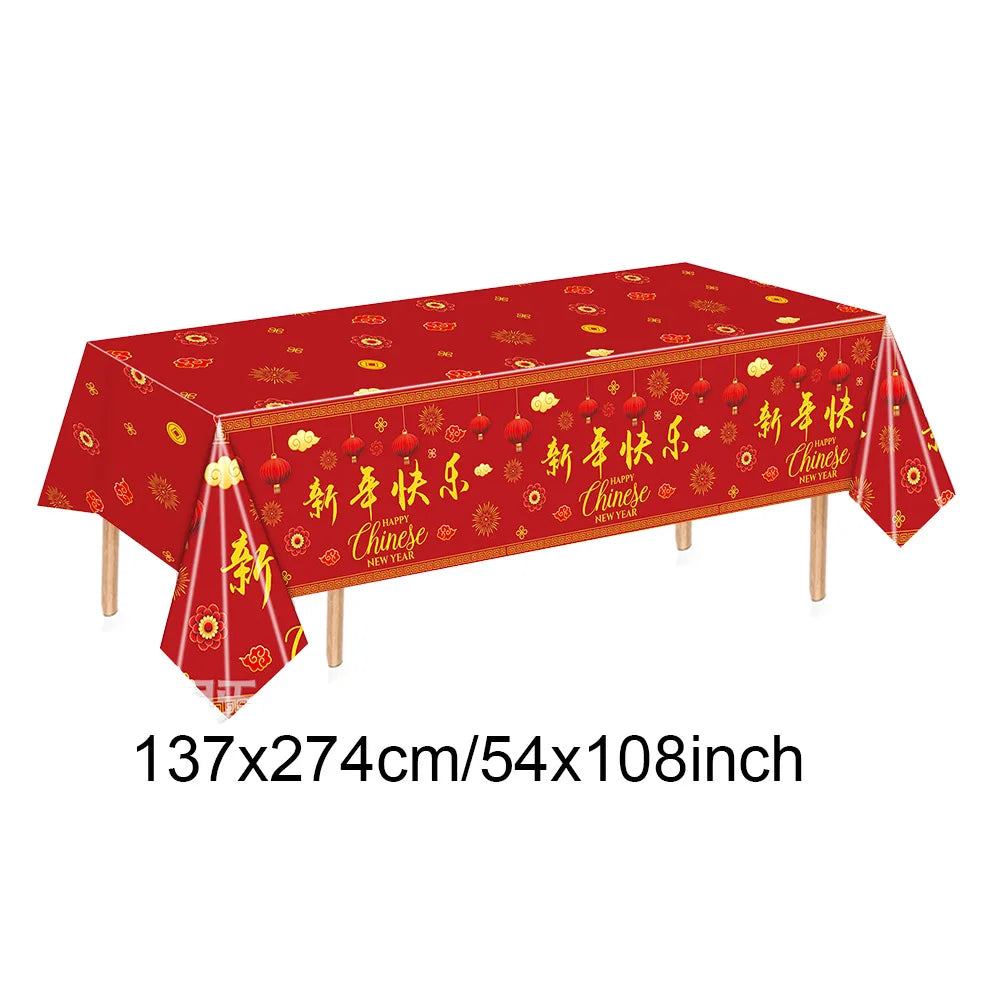 Chinese Spring Festival Banner Gifts Bags Food Tray Napkins Tablecloth Wine Bottle Stickers Happy New Year 2026 Party Decor