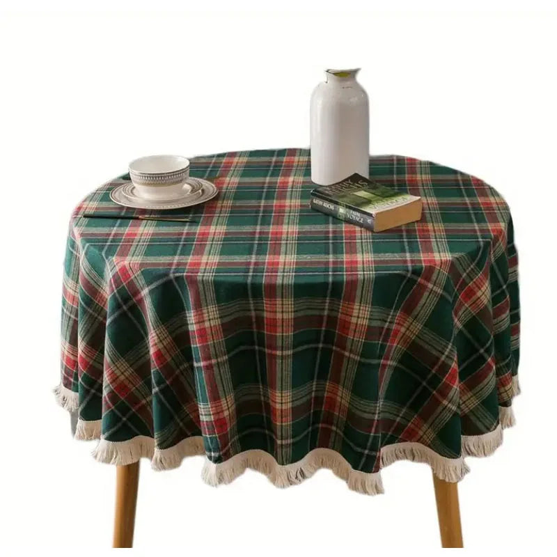 Cotton Christmas plaid tablecloth, soft plaid tassel tablecloth, washable round tablecloth, Christmas decoration