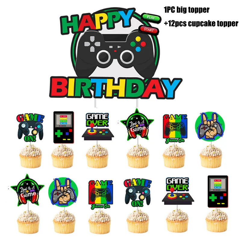 Video Game Birthday Party Favors New Paper Black White Blue Tableware Happy Birthday Plates Napkins Background Decorations Kits