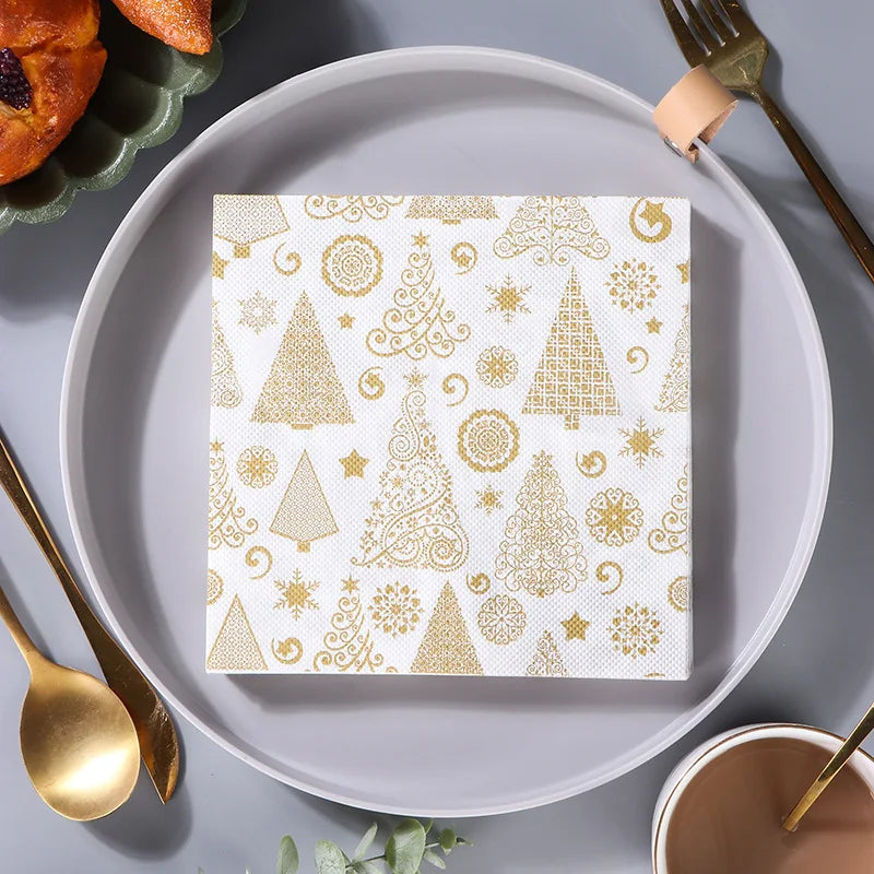 20Pcs Golden Christmas Tree Pattern Printed Napkins Party Tissue Paper Western Restaurant Bakery Suitable Exquisite Odorless