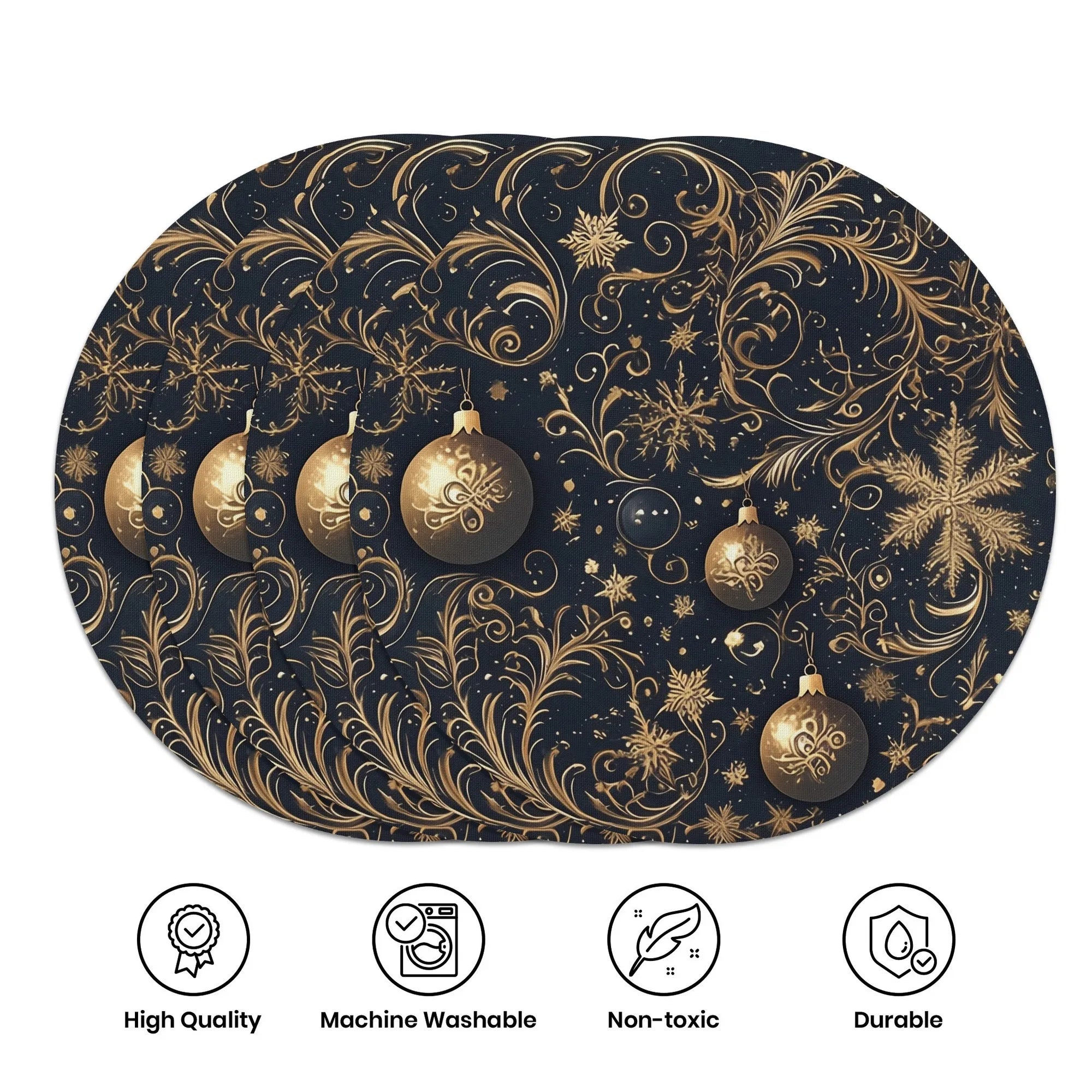 VIKAMA 4-Piece Dark Blue Gold-Patterned Christmas Oval Placemats Home Holiday Gathering Party Table Decor and Accessories
