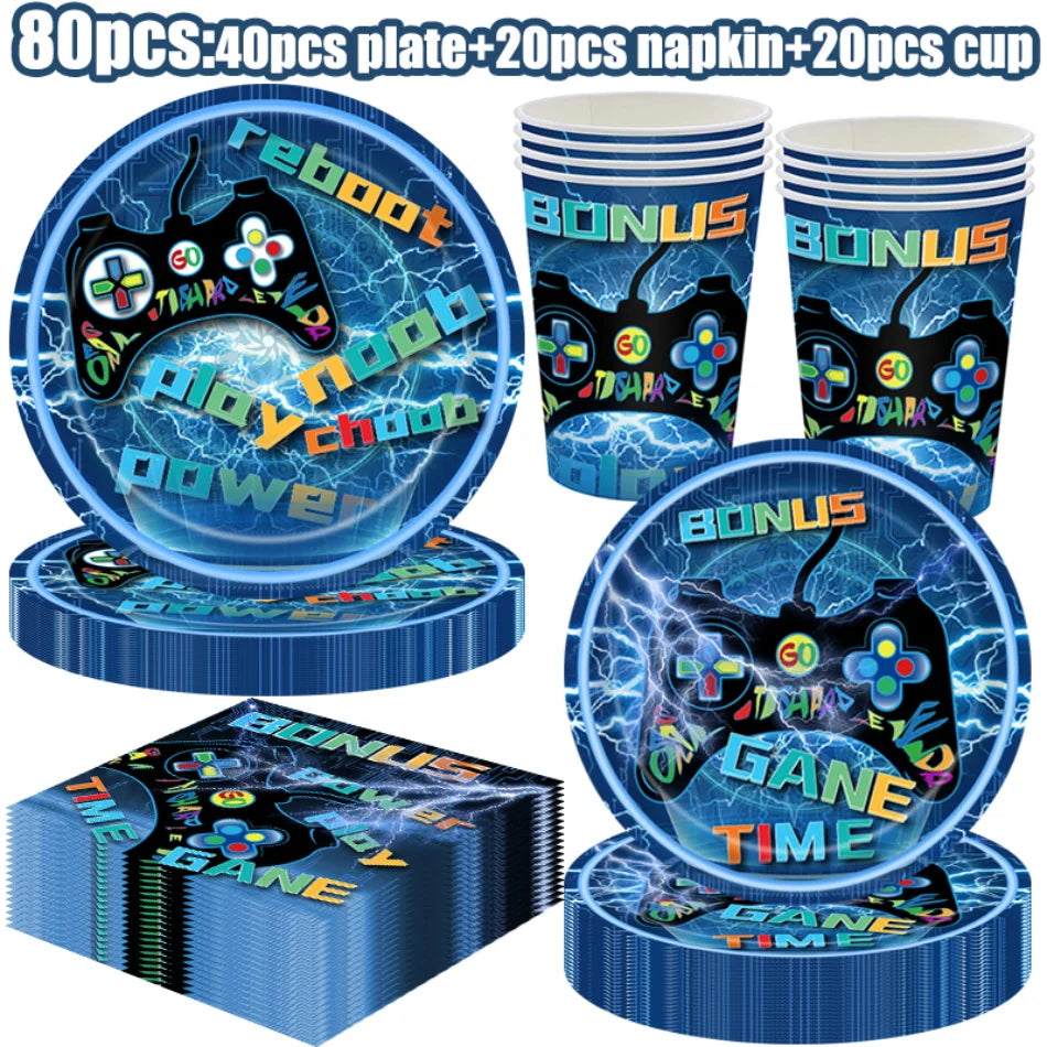 Video Game Birthday Party Favors New Paper Black White Blue Tableware Happy Birthday Plates Napkins Background Decorations Kits