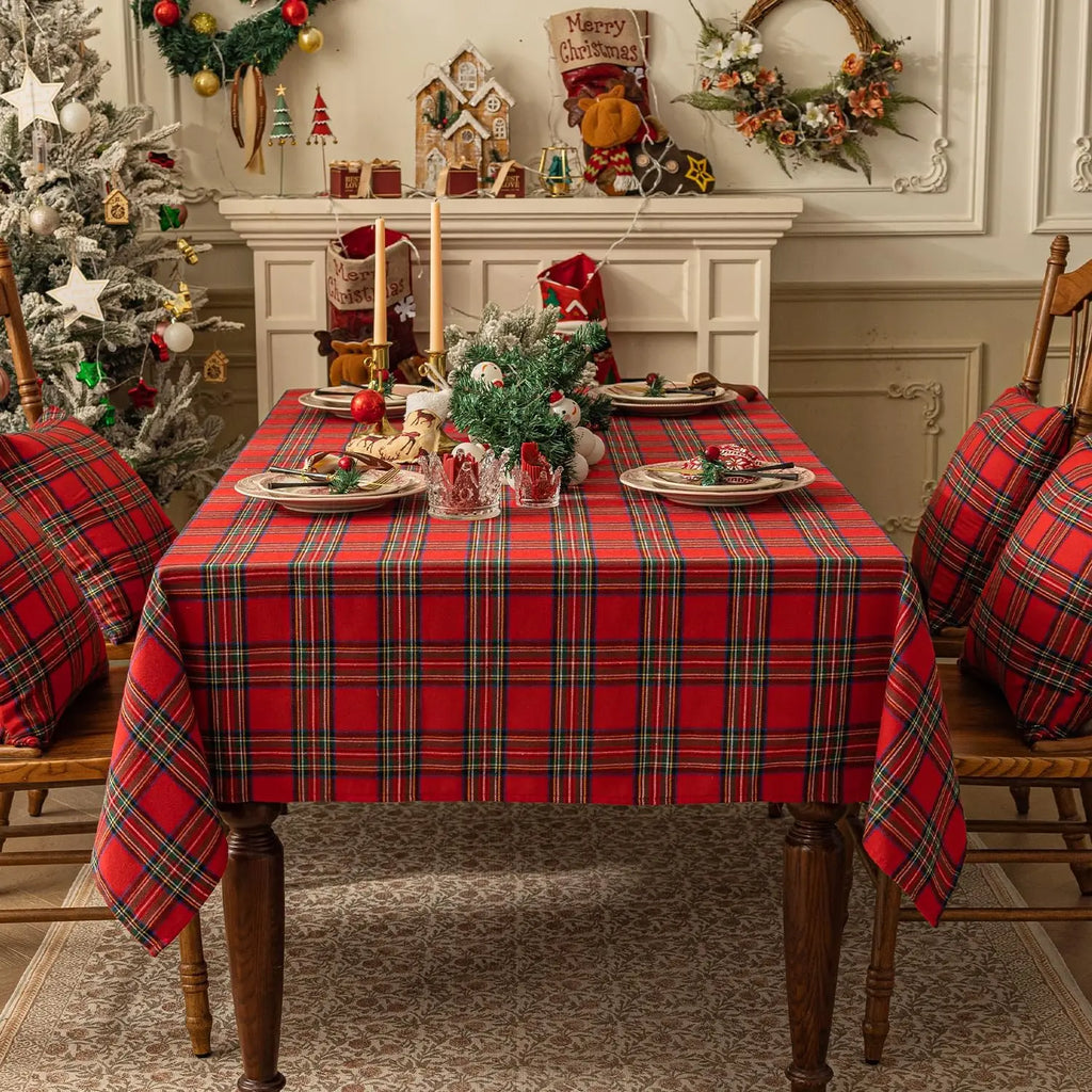 Christmas Checkered Tablecloth Rectangular - Red Buffalo Plaid Linen Cotton, Xmas Farmhouse Decor