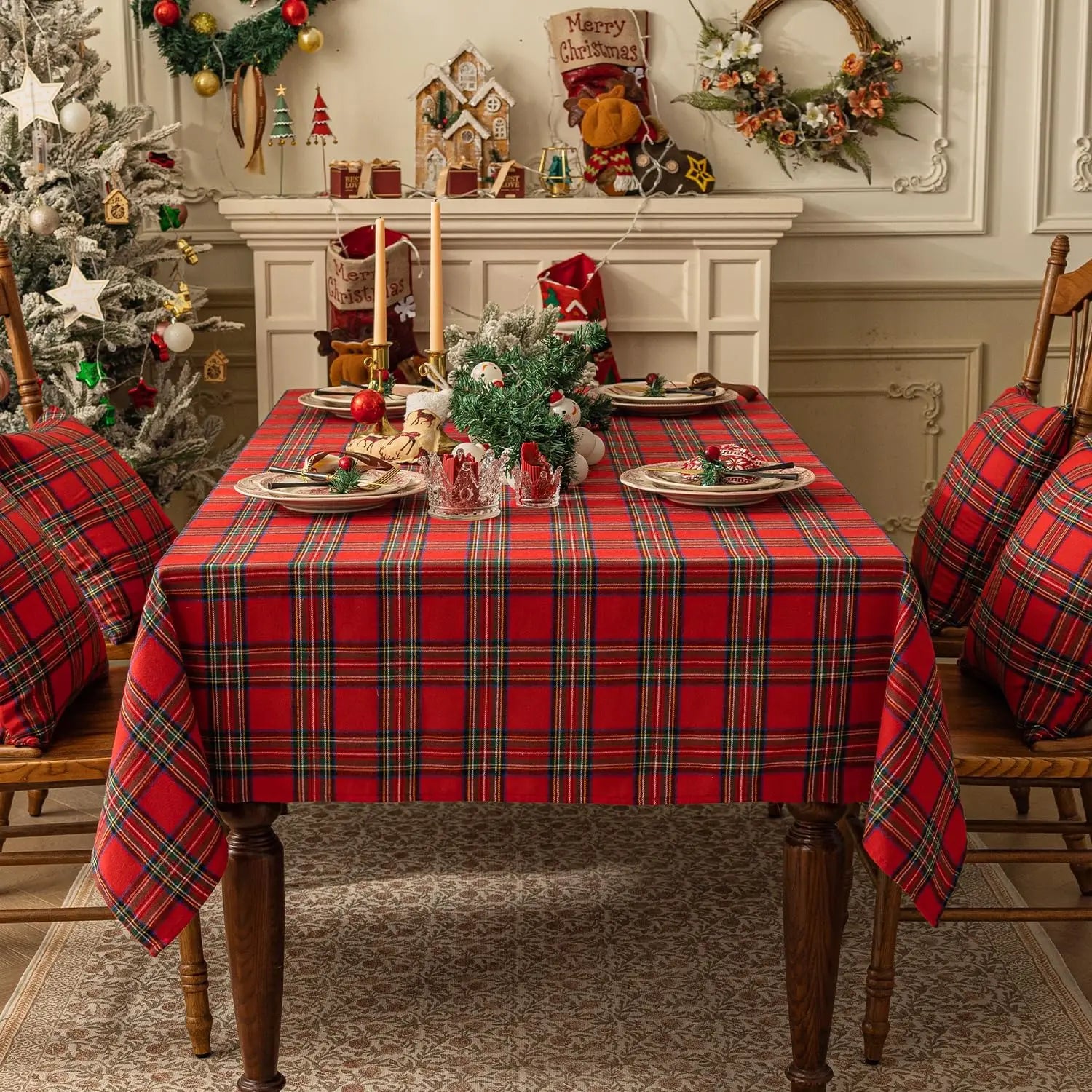 Christmas Checkered Tablecloth Rectangular - Red Buffalo Plaid Linen Cotton, Xmas Farmhouse Decor