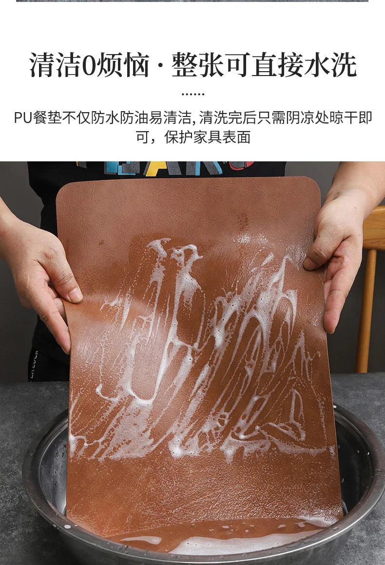 Square Double-Layer Cowhide PU Leather Placemat Texture Waterproof Heat-Resistant Table Mats Home Hotel Dining