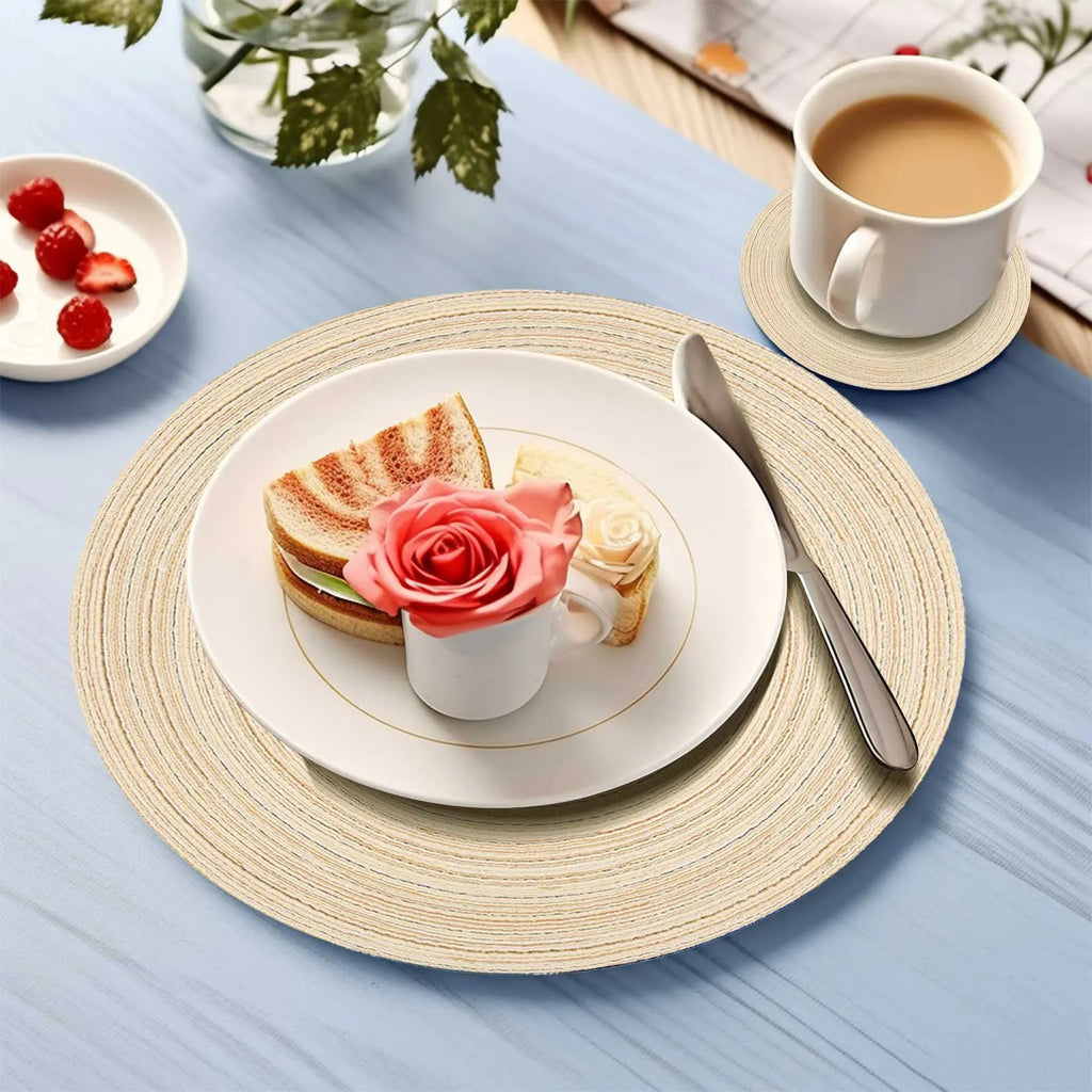 Set of 12 Round Braided Table Mat Washable Placemats Non Slip Heat Resistant for Kitchen Dining Tables Pad With Cup Coasters