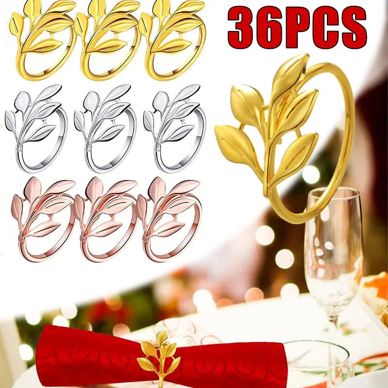 36PCS Vintage Style Leaf Napkin Ring Elegant Tricolor Leaf Napkin Buckle Birthday Wedding Party Banquet Table Decoration