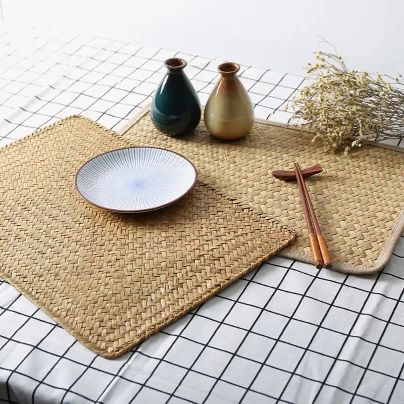 Natural Seagrass Place Table Woven Vinyl Individual Placemats For Table Non-Slip Kitchen Tableware Drink Cup Coaster Hoilday Dec