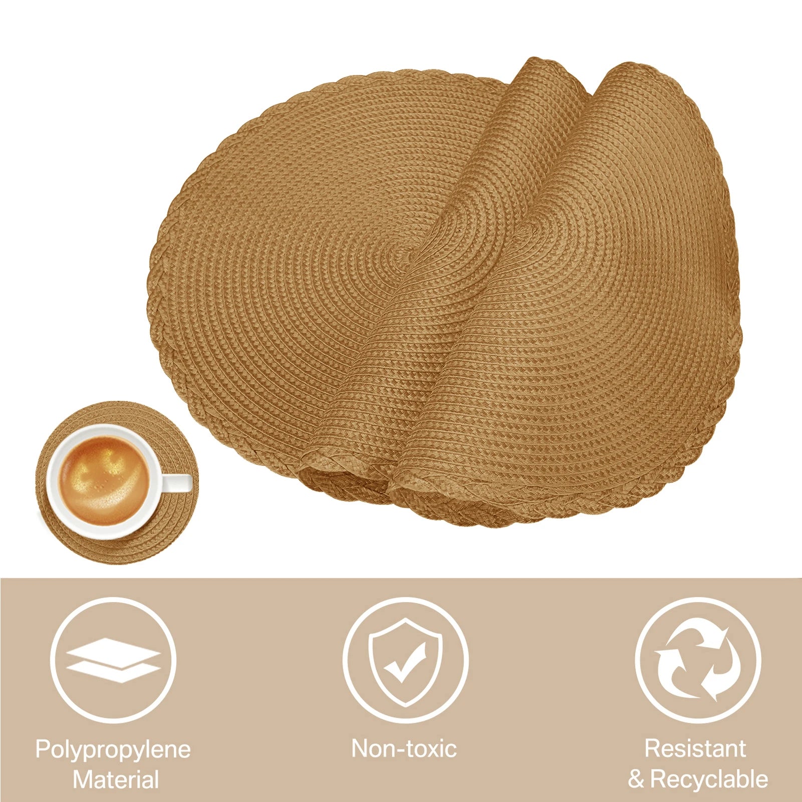 Set of 6 Round Braided Placemats 34CM Table Mats for Dining Tables Christmas Halloween Woven Washable Non-Slip Place mats