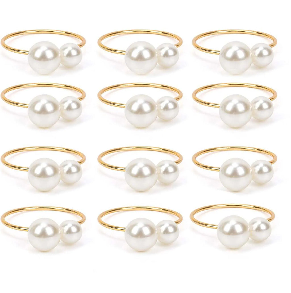 12PCS Pearl Napkin Rings Set Gold Napkin Ring Holders Serviette Ring Buckle for Wedding Birthday Banquet Party Table Supplies
