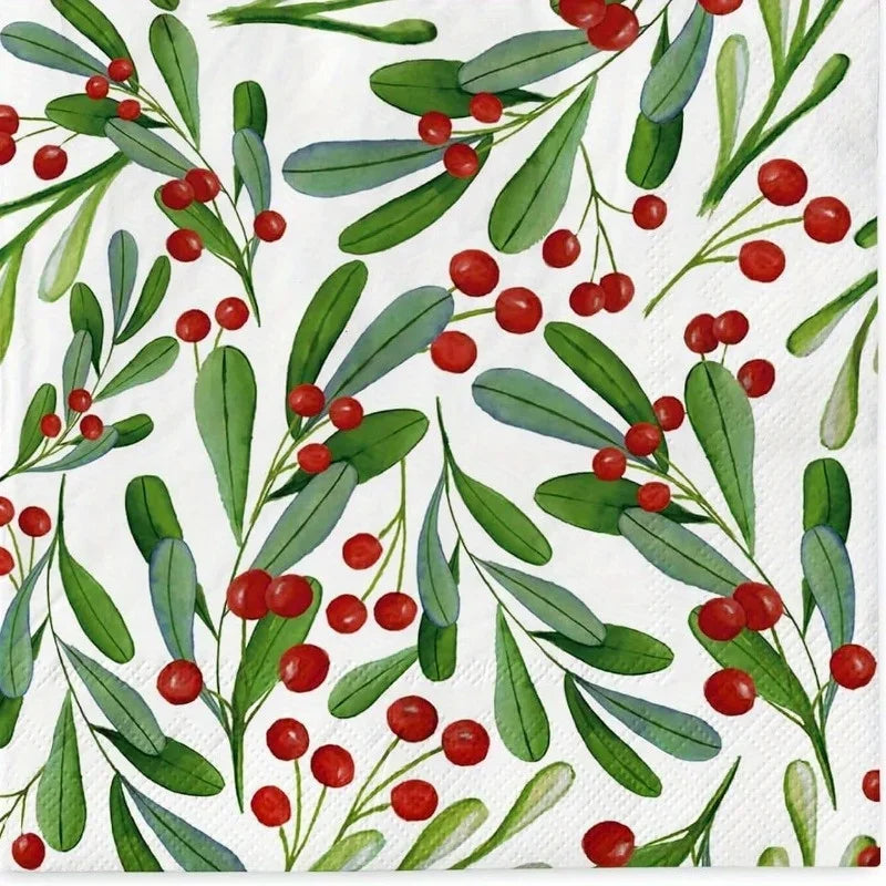 Christmas Napkins - 3-Ply Disposable Festive Berry & Pine Design with Red Berries, For Holiday Parties, Weddings, Home Decor