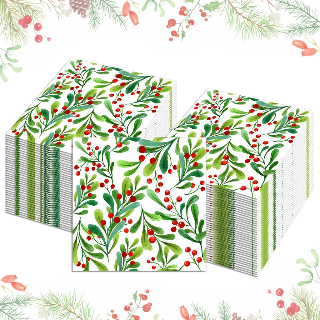 Christmas Napkins - 3-Ply Disposable Festive Berry & Pine Design with Red Berries, For Holiday Parties, Weddings, Home Decor