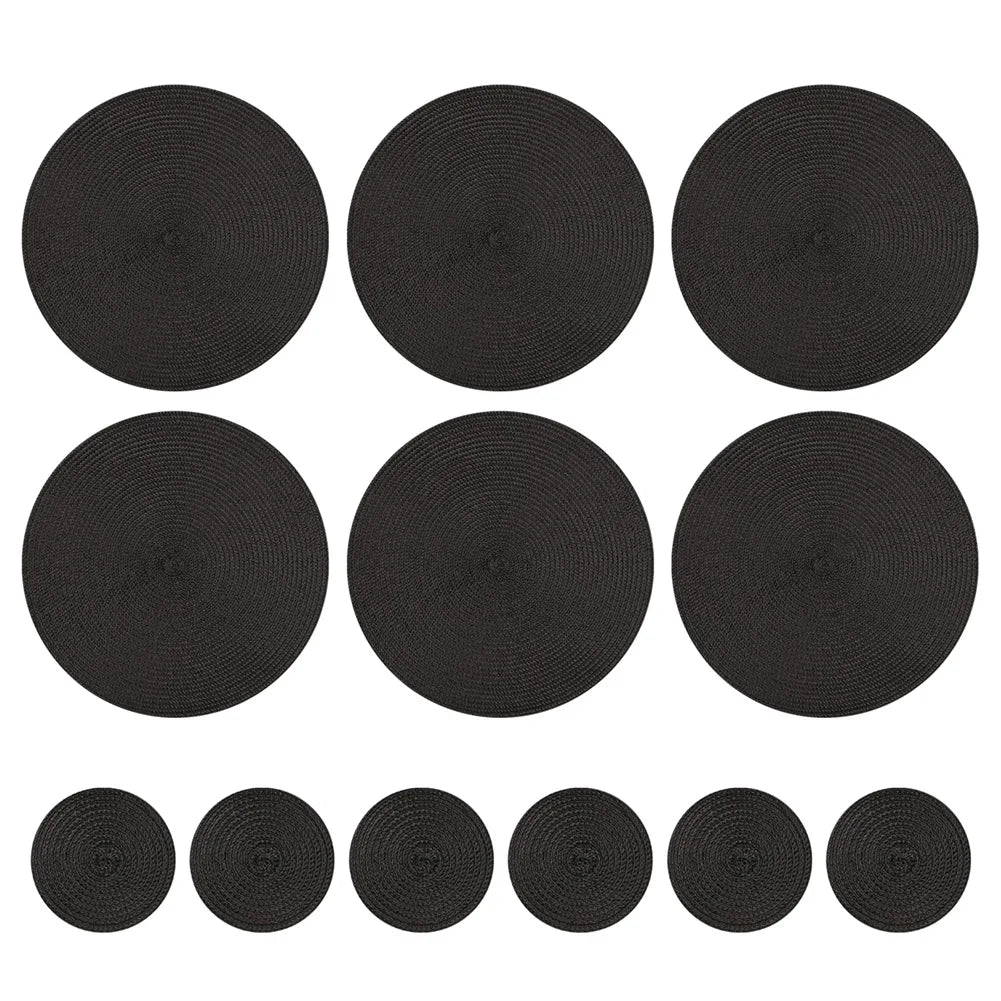 Set of 12 Round Braided Table Mat Washable Placemats Non Slip Heat Resistant for Kitchen Dining Tables Pad With Cup Coasters