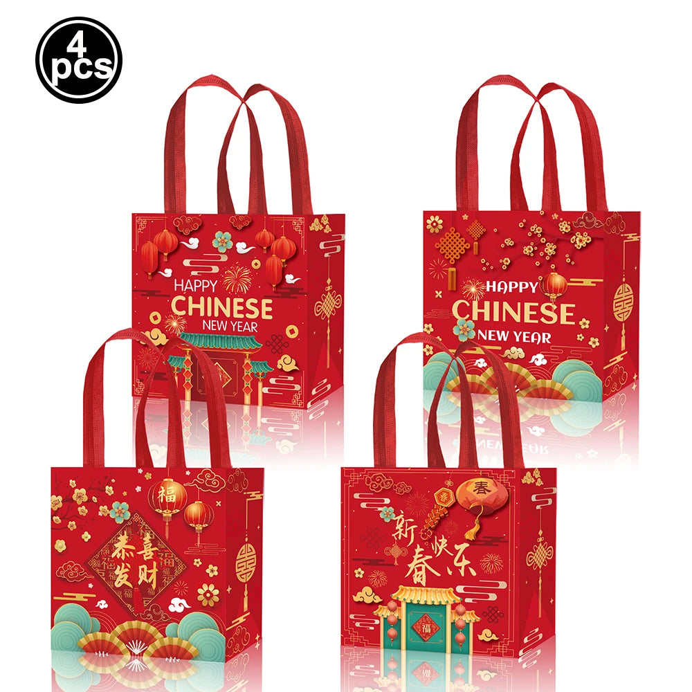 Chinese Spring Festival Banner Gifts Bags Food Tray Napkins Tablecloth Wine Bottle Stickers Happy New Year 2026 Party Decor