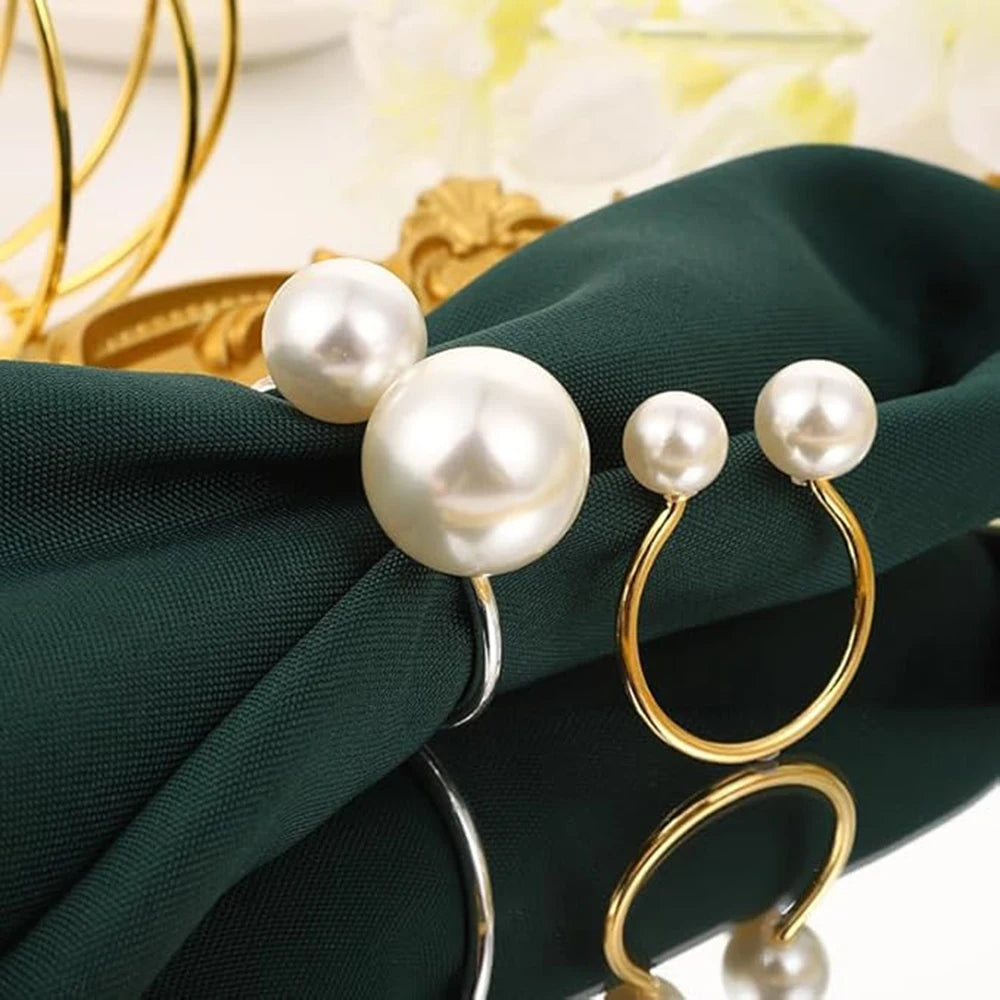12PCS Pearl Napkin Rings Set Gold Napkin Ring Holders Serviette Ring Buckle for Wedding Birthday Banquet Party Table Supplies