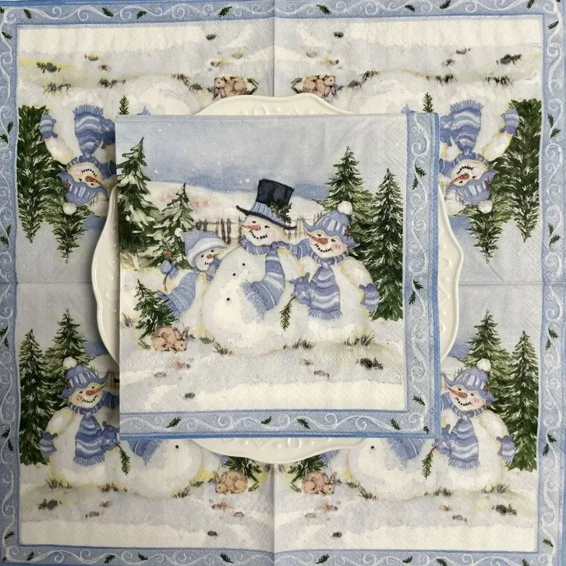 10/20pcs 33*33cm 2-Ply Christmas Napkin Festival Party Decoration Paper Three Christmas Snowmen Cartoon Printed Paper Placemats