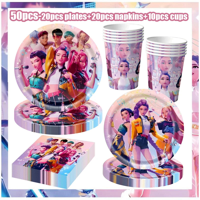 Kpop Demon Hunters Birthday Decorations Saja Boys Purple Napkins Plates Tableware Kpop Demon Hunter Birthday Party Favors Supply