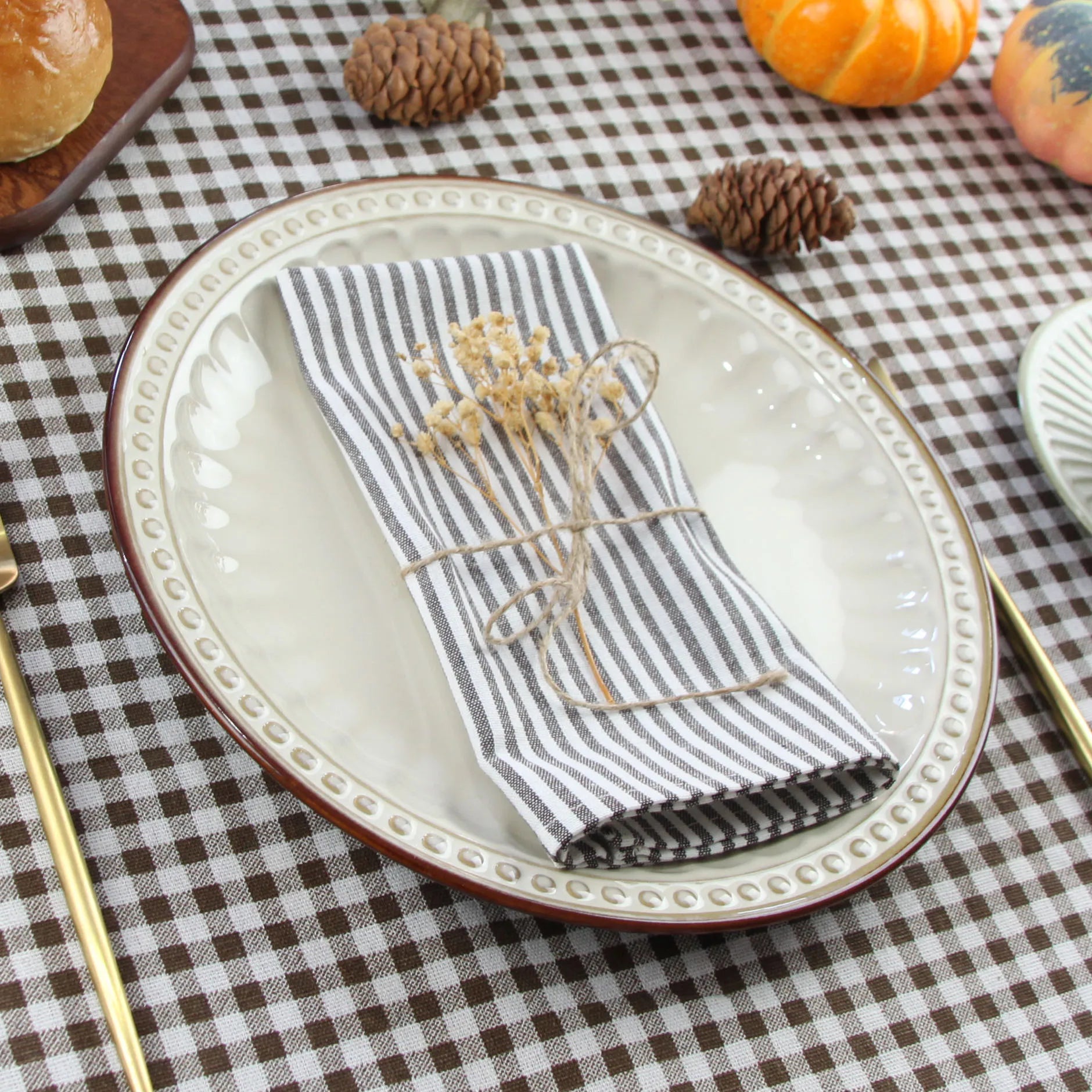 Plain Striped Linen Cotton Blended Dinner Cloth Napkins Placemats Tea Towels Set of 12 (40 x 30 cm) for Events & Home Use