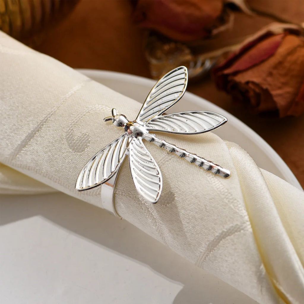 6pcs Napkin Rings Set for Christmas, Gold Silvery Dragonfly Metal Home Table Decorations, for Christmas Wedding Holiday Banquet