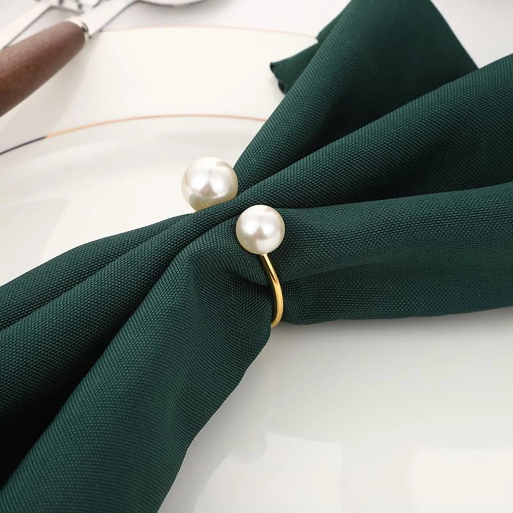 12PCS Pearl Napkin Rings Set Gold Napkin Ring Holders Serviette Ring Buckle for Wedding Birthday Banquet Party Table Supplies