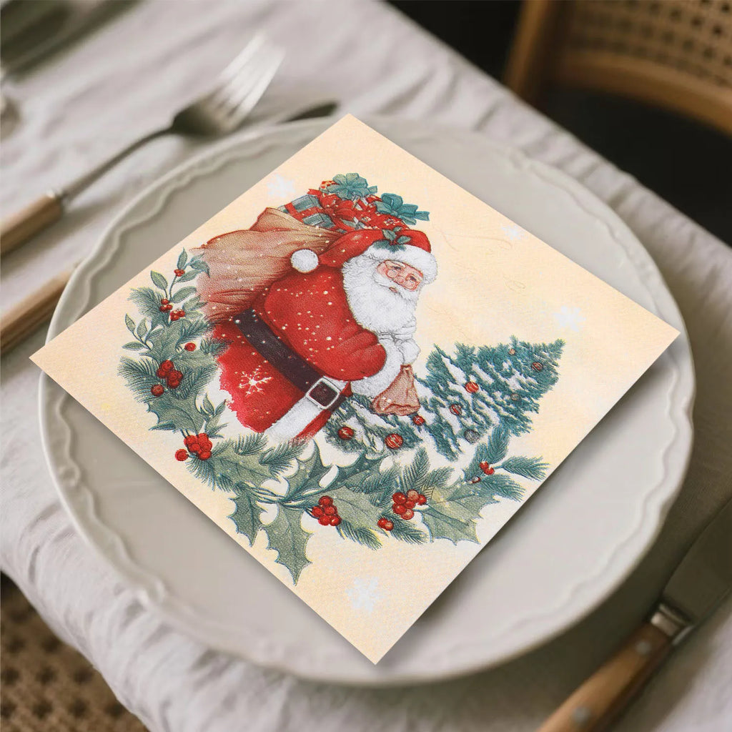 20pcs Santa Claus Holly Wreath Printed Paper Napkins - Pure Wood Pulp, 33x33cm 3-ply, Table Settings Disposable Decoupage Napkin