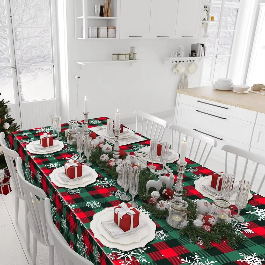 3PCS/Set Disposable Christmas Snowflake Tablecloth Plastic Red Green Buffalo Plaid Table Cover for Christmas Holiday Party Decor
